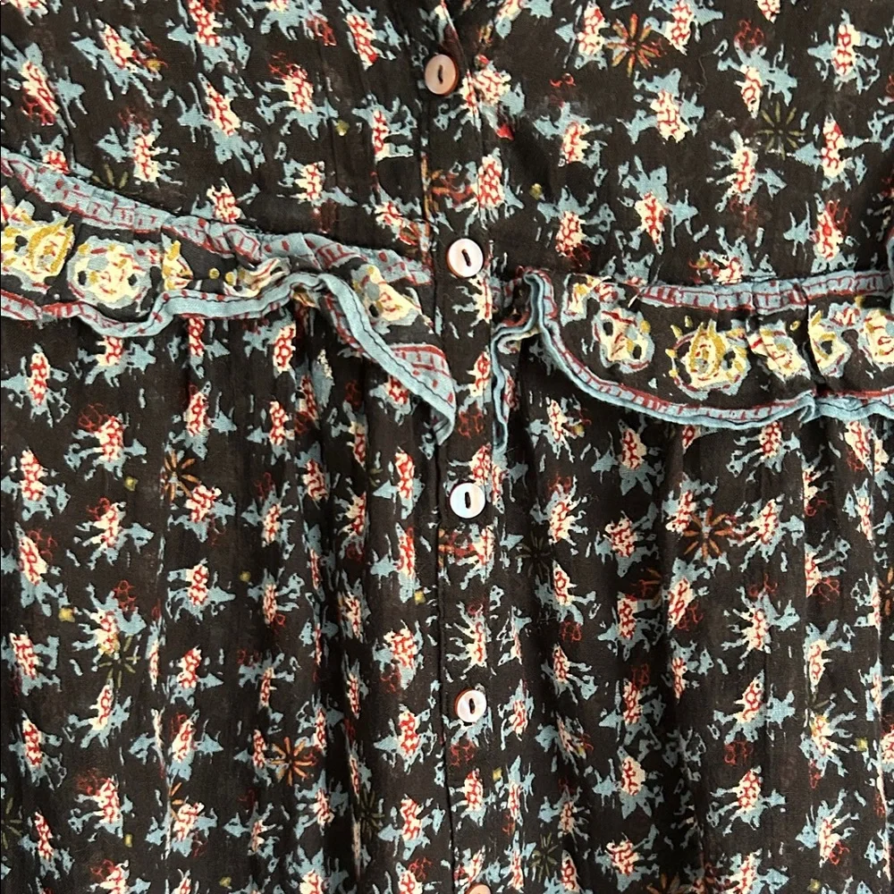 Free People Black Floral Ruffle Button-Front Blouse with Blue Trim - Picture 6 of 9